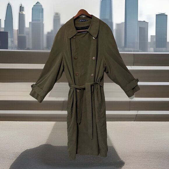 Perusal Trench Coat 46L Green Belted Classic Double Breasted Collared Wool Liner - Picture 1 of 16